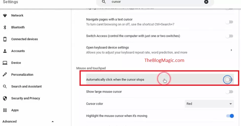 chromebook automatically click when the curser stops